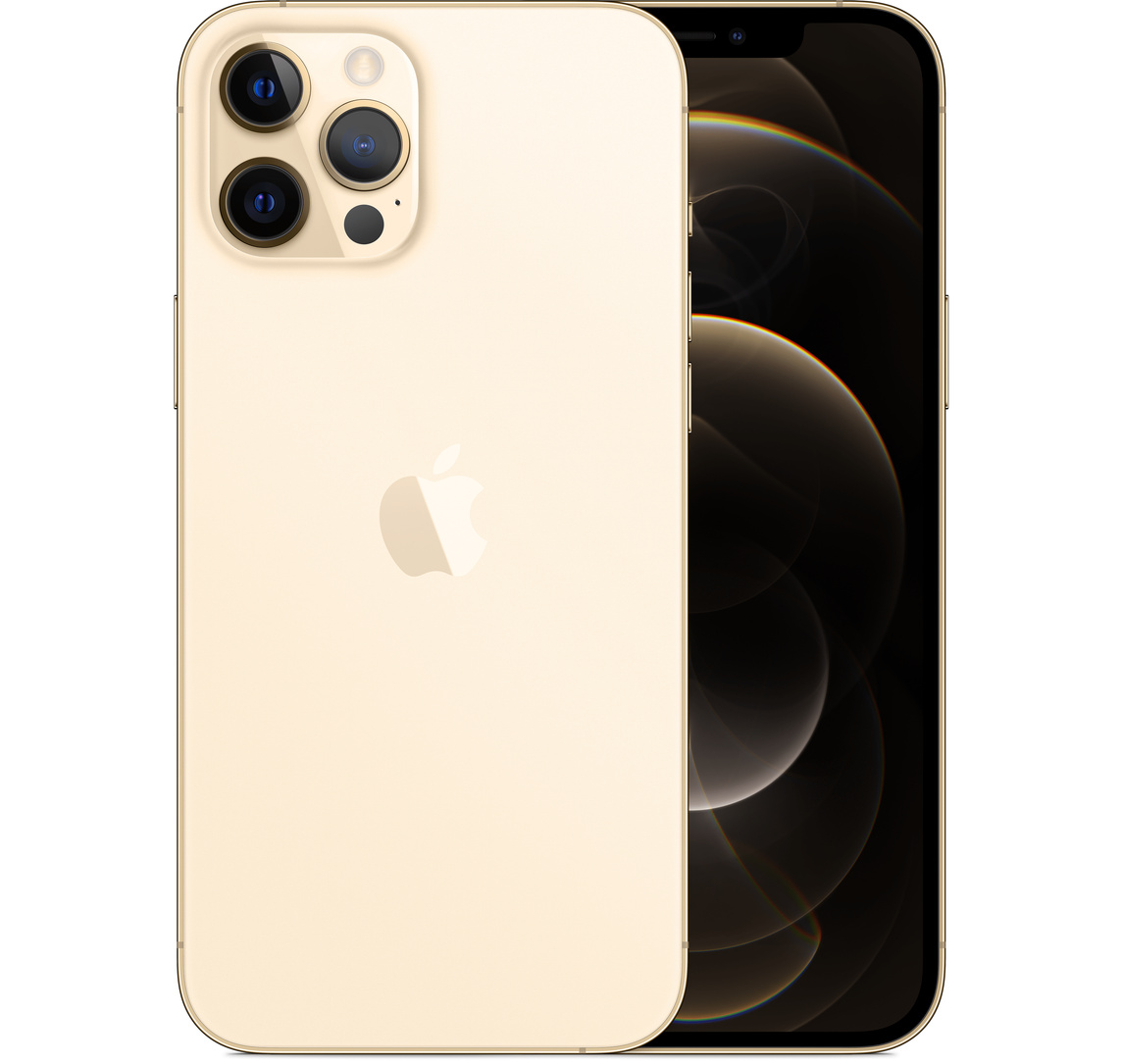iPhone 12 Pro Max in Gold, Pro Kamera-System mit True Tone Blitz, LiDAR, Mikrofon, Apple Logo in der Mitte. Vorderseite, All-Screen Display