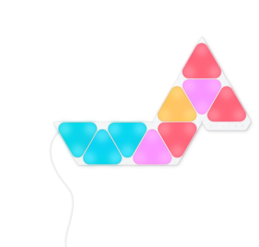 El kit de inicio Formas de Nanoleaf incluye 9 paneles de minitriángulos para crear tu propia iluminación multicolor en la pared.