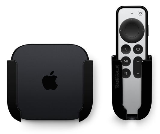 Sistema de instalação TotalMount Pro Innovelis para televisores fixados na parede, com Apple TV e Apple Remote inseridos.