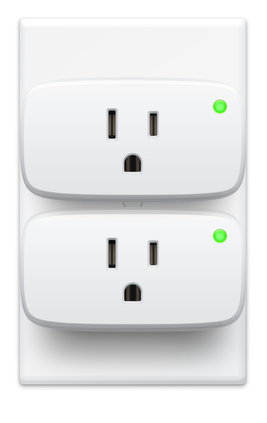 Two Eve Energys, Matter Version, plugged into a power socket with green LED power indicator showing it’s ON .