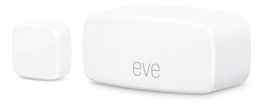 Les capteurs de contact Eve pour portes et fenêtres, compacts, sans fil et compatibles avec Matter, sont présentés ici avec le logo eve bien en évidence.