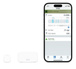 Sensores de contacto sem fios Eve, junto ao iPhone, com a app incluída a mostrar o estado atual da porta e o histórico.