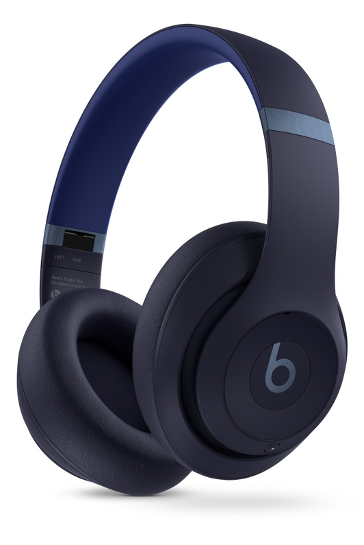 Beats Studio Pro Wireless Headphones in Navy, with ultra-plush engineered leather cushions for extended comfort and durability.