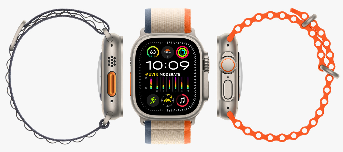 Três Apple Watch Ultra a mostrar os vários estilos de braceletes.