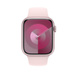 Sportsrem i sart lyserød, Apple Watch med urkasse på 45 mm og Digital Crown.