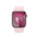 Apple Watch의 41mm 케이스 및 Digital Crown을 보여주는 라이트 핑크 스포츠 밴드.