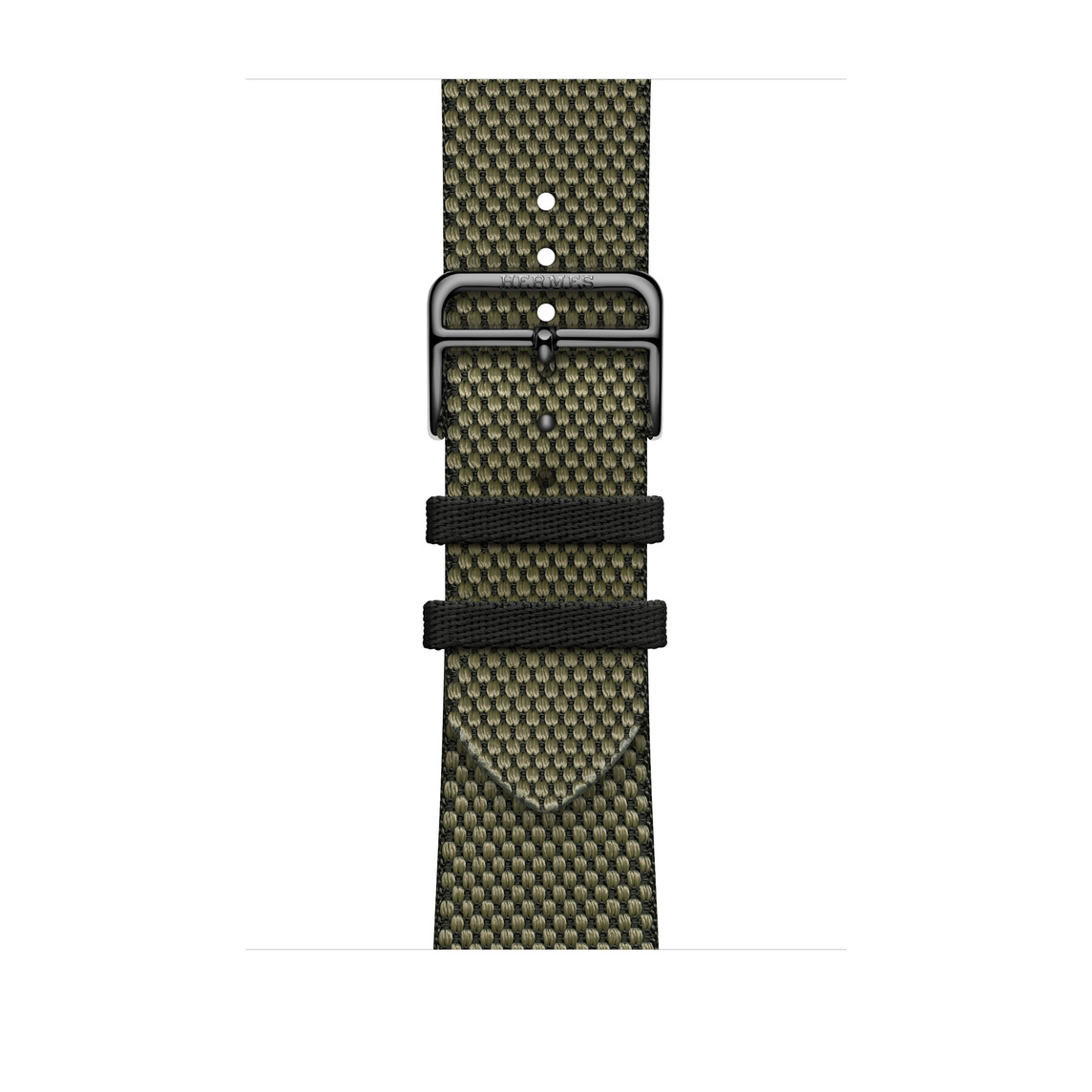 Vert 綠色 (綠色) 配 Noir 黑色 (黑色) Toile H Single Tour 錶帶，展示 Apple Watch 錶面與數位錶冠。