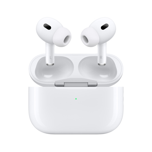 AirPods Proの内側とMagSafe充電ケース。左右のイヤーバッド。それぞれのバッドの上部にノイズキャンセリングマイクと、先端にはシリコーン製チップ。開いたMagSafe充電ケースの上部。シルバーのヒンジが装着されている。