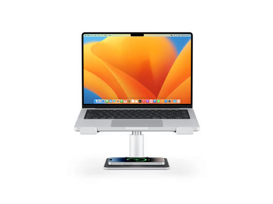Support réglable HiRise Pro de Twelve South avec un MacBook ouvert et un iPhone en cours de charge en dessous.