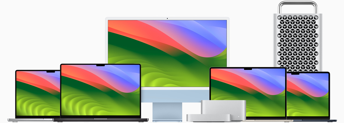 Mac รุ่นต่างๆ ได้แก่ MacBook Pro, MacBook Pro รุ่น 16 นิ้ว, iMac, Mac mini, Mac Studio, MacBook Air รุ่น 15 นิ้ว, MacBook Air รุ่น 13 นิ้ว และ Mac Pro