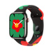 Imagen de un Apple Watch Series 9 con correa deportiva Black Unity con diseño Unity Bloom, que lleva ilustraciones simples de flores de diferentes formas, tamaños y tonos de rojo, verde y amarillo, tanto en el interior como en el exterior de la superficie de la correa, y tiene cierre de encastre.