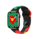Apple Watch Series 9 com Bracelete desportiva Black Unity no padrão Unity Bloom, com flores ilustradas de diferentes formas e tamanhos desenhadas num estilo simplista em diferentes tons de vermelho, verde e amarelo, o design pode ser visto no exterior e no interior da superfície da bracelete, a bracelete inclui um fecho de clip.
