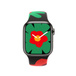 Apple Watch Series 9 com Bracelete desportiva Black Unity no padrão Unity Bloom, o mostrador tem uma flor vermelha com um centro amarelo sobre uma flor verde grande com pétalas que se expandem além do mostrador, ponteiros de horas e minutos a branco.