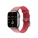 Framboise/Écru (pink) Toile H Single Tour strap, showing Apple Watch face and digital crown.