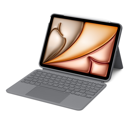 iPad Air w układzie poziomym z podłączoną klawiaturą i rozłożoną podpórką