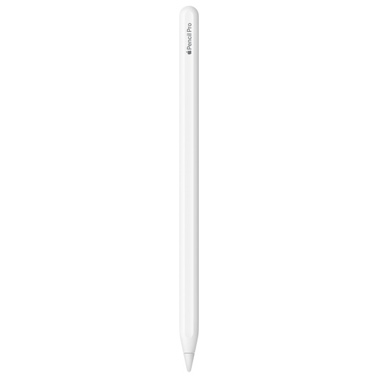 Beyaz Apple Pencil Pro. Lazer baskıda Apple Pencil Pro yazıyor. Apple kelimesinin yerinde Apple logosu var.