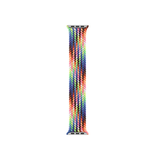Le bracelet Boucle unique tressée Pride Edition avec des fils tissés dans une gamme de couleurs néon inspirée des couleurs vives du drapeau des fiertés, sans fermoir ni attache