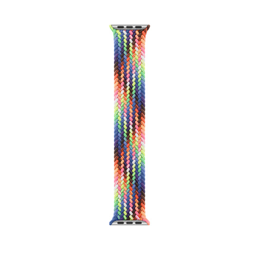 Pride Edition Braided Solo Loop band, threads woven in a neon array of colors inspired by the vibrant rainbow Pride flag, with no clasps or buckles