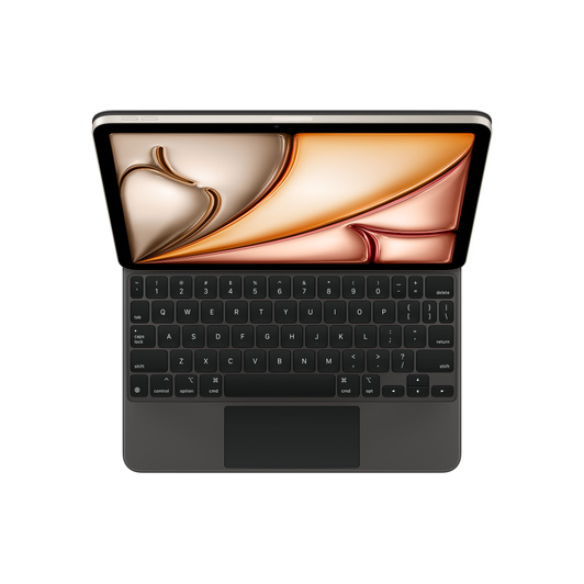 Un iPad Air agganciato a una Magic Keyboard nera, tasti neri con simboli bianchi, tasti freccia disposti a T capovolta, trackpad integrato