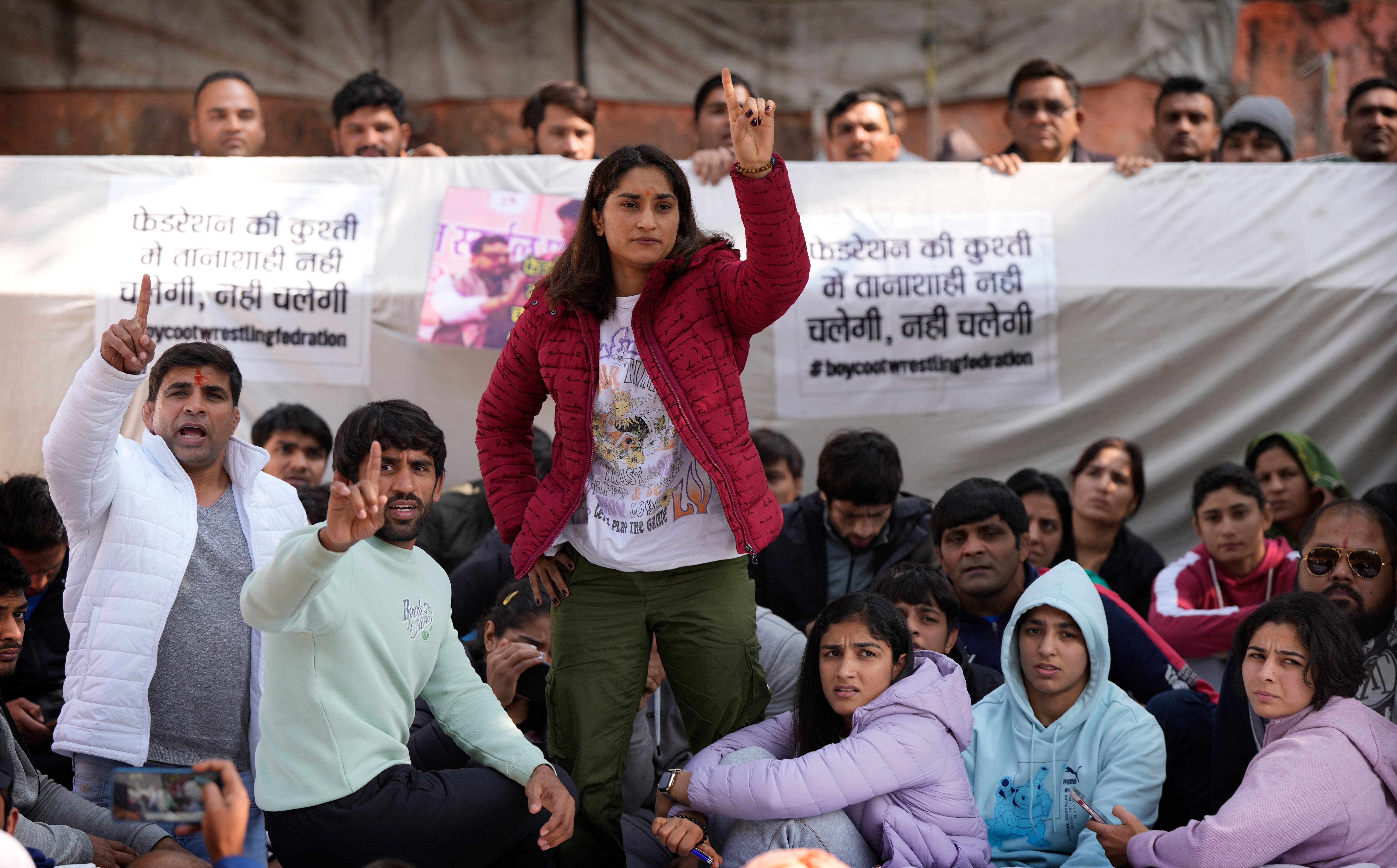 <p>File: Indian wrestlers protest in Delhi in January demanding action against wrestling federation chief Brij Bhushan Singh who is accused of sexual harassment</p>