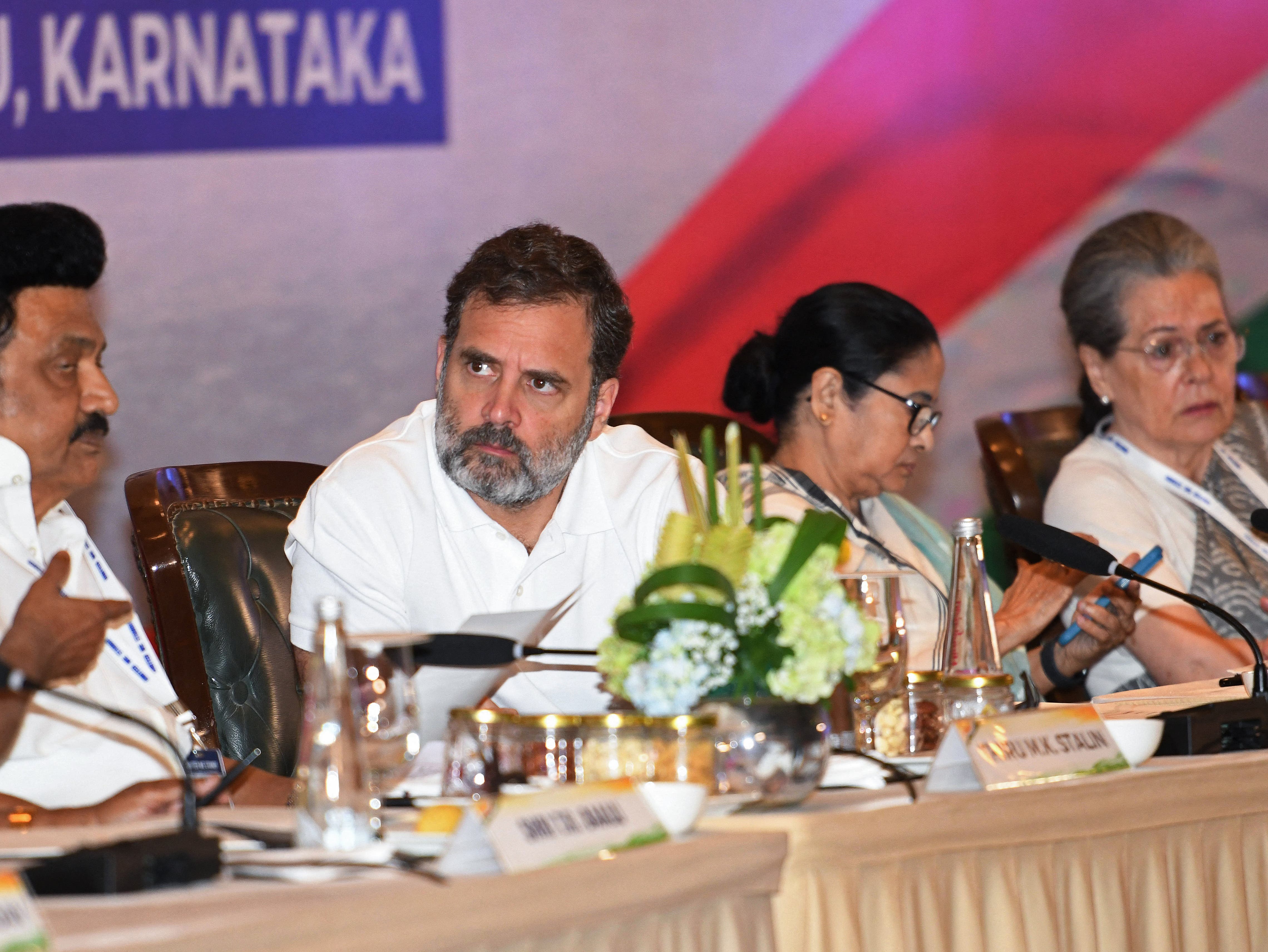 <p>(2L-R) Chief Minister of Tamil Nadu MK Stalin, Congress party leader Rahul Gandhi, Chief Minister of West Bengal Mamata Banerjee and senior Congress Party leader Sonia Gandhi attend opposition parties meeting in Bengaluru on 18 July 2023</p>