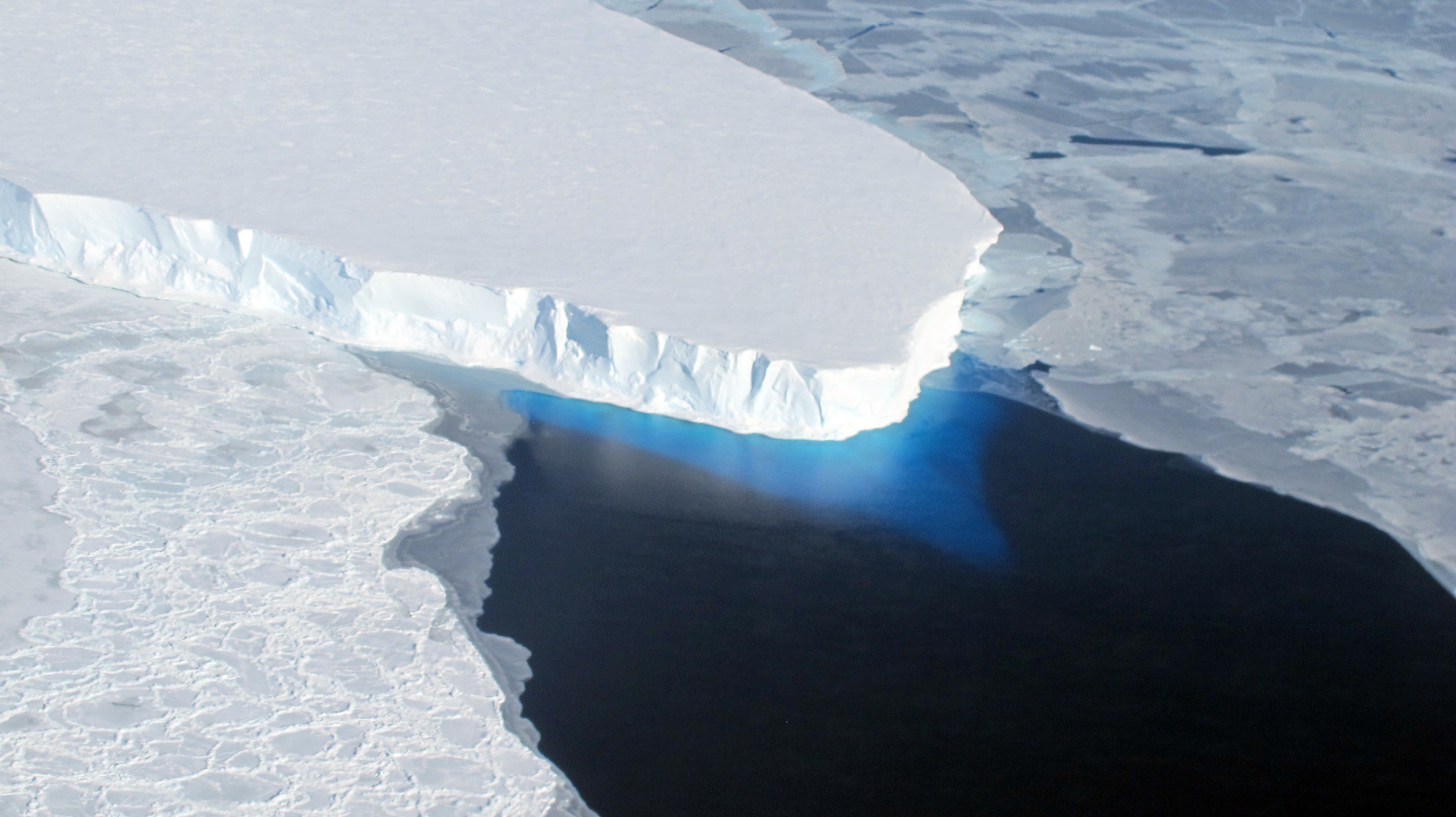 <p>The Thwaites Glacier, pictured, is melting at a higher rate than previously estimated, according to a new peer-reviewed study</p>