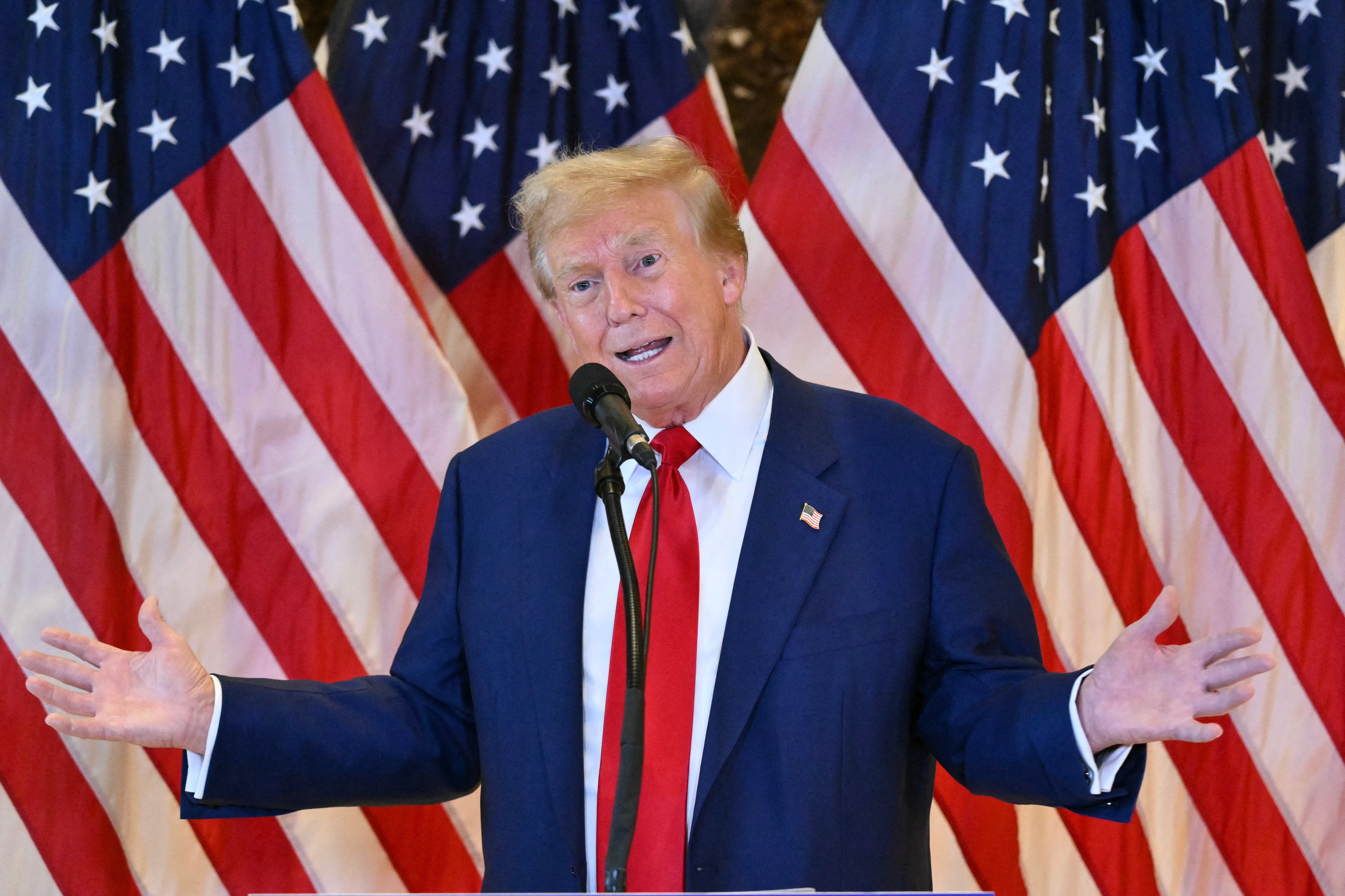 <p>Former president Donald Trump speaks during a press conference at Trump Tower in New York City on May 31, 2024 </p>