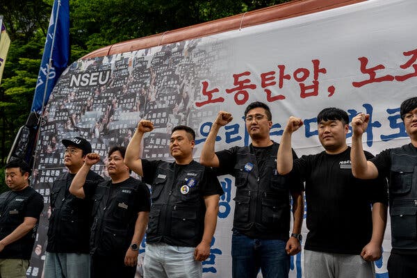 Samsung workers protesting outside Samsung’s offices near the Gangnam district in Seoul, South Korea on Friday. Workers at Samsung, South Korea’s most valuable company, are striking for the first time in its history