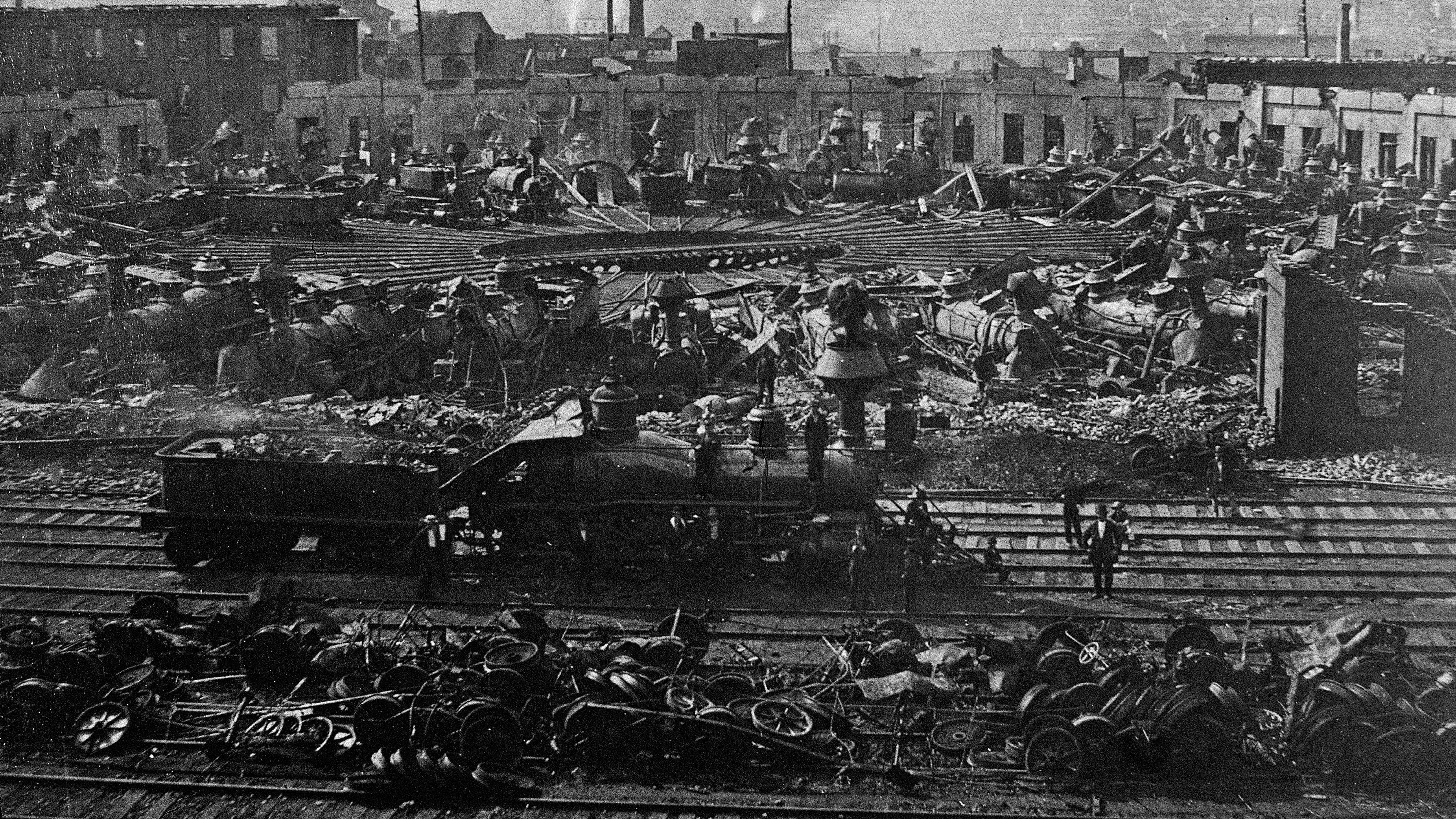 Railroad strike destruction at the 26th Street Pennsylvania Railroad Round House, July 14-27 1877, Pittsburgh, Pennsylvania.