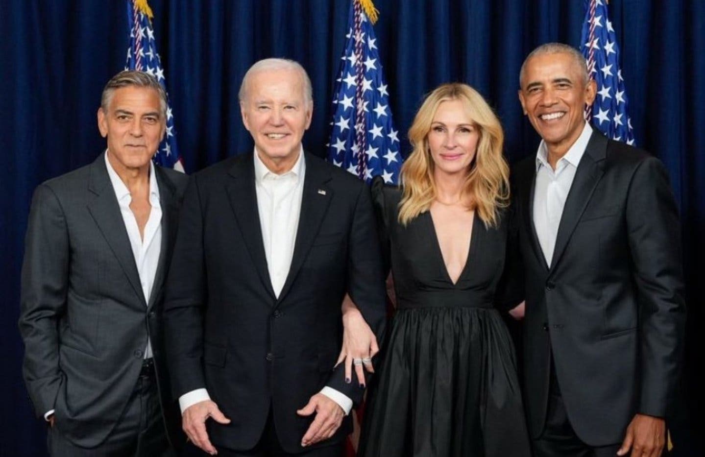 <p>Joe Biden and Barack Obama pose for a photo with actors George Clooney and Julia Roberts at a fundraiser in California  </p>