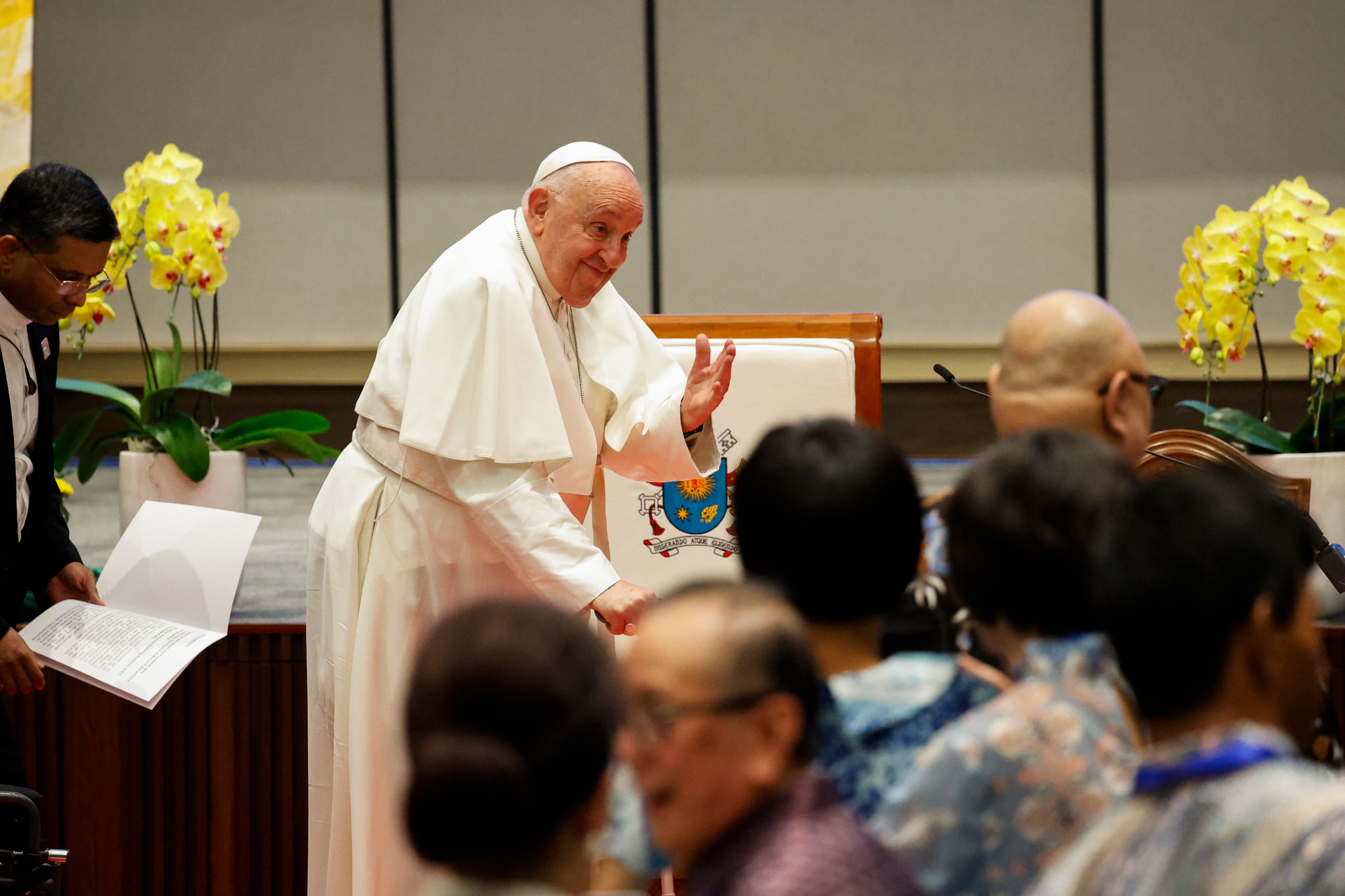 <p>Pope Francis attends a meeting with beneficiaries from charitable organizations, during his apostolic visit to Asia, at Indonesian Bishops' Conference headquarters in Jakarta, Indonesia, 5 September 2024</p>