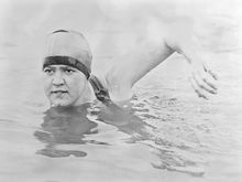 Gertrude Ederle or Gertrude Caroline Ederle, press photo. First woman to swim the English Channel. One of the best-known American sports personages of the 1920s.
