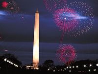 Washington Monument. Washington Monument and fireworks, Washington DC. The Monument was built as an obelisk near the west end of the National Mall to commemorate the first U.S. president, General George Washington.