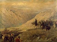 Argentine General Jose de San Martin crossing the Andes with his army, 1817, painting by Ballerini. Argentina, 19th century . National History Museum Of The Town Hall And The 1810 May Revolution, Buenos Aires