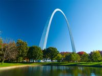 The Gateway Arch viewed from the surrounding park area in Gateway Arch National Park (formerly Jefferson National Expansion Memorial) in St. Louis, Missouri.