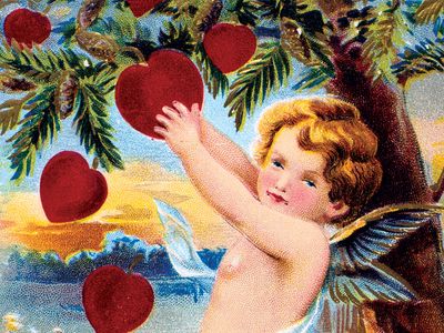 If You'd Only Be My Valentine, American Valentine card, 1910. Cupid gathers a basket of red hearts from a pine tree which, in the language of flowers represents daring. Valentine's Day St. Valentine's Day February 14 love romance history and society heart In Roman mythology Cupid was the son of Venus, goddess of love (Eros and Aphrodite in the Greek Pantheon).
