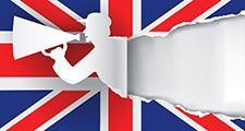 English language school promotion illustration. Silhouette of a man advertises or sells shouts in a megaphone and emerging from the flag of the United Kingdom (Union Jack).