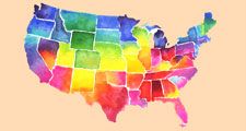 USA, United States watercolor map Illustration in rainbow colors