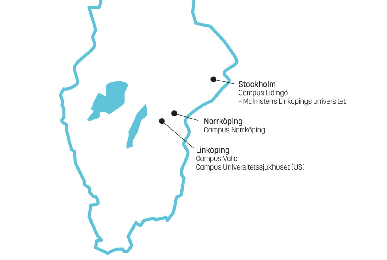 Karta över Sverige med campus i Linköping, Norrköping och Stockholm markerade.