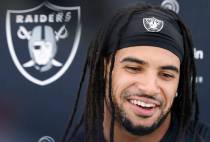 Raiders safety Tre'von Moehrig addresses the media after an NFL football practice at the Interm ...