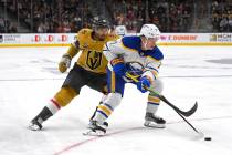 Vegas Golden Knights right wing Keegan Kolesar (55) and Buffalo Sabres left wing Victor Olofsso ...