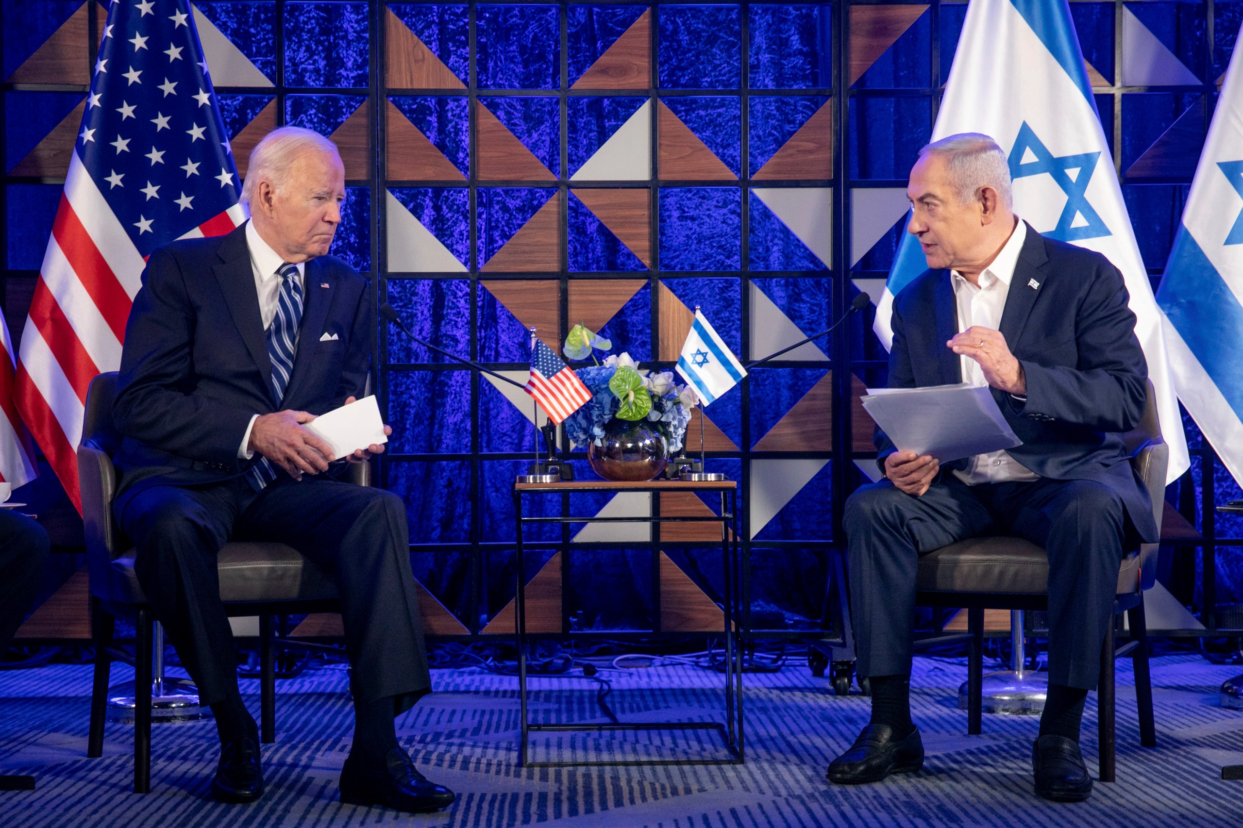 FILE - U.S. President Joe Biden, left, meets with Israeli Prime Minister Benjamin Netanyahu, right, to discuss the the war between Israel and Hamas, in Tel Aviv, Israel, on Oct. 18, 2023. The United States has offered strong support to Israel in its war against Hamas. But the allies ar increasingly at odds over what will happen to the Gaza Strip once the war winds down. (Miriam Alster/Pool Photo via AP)
