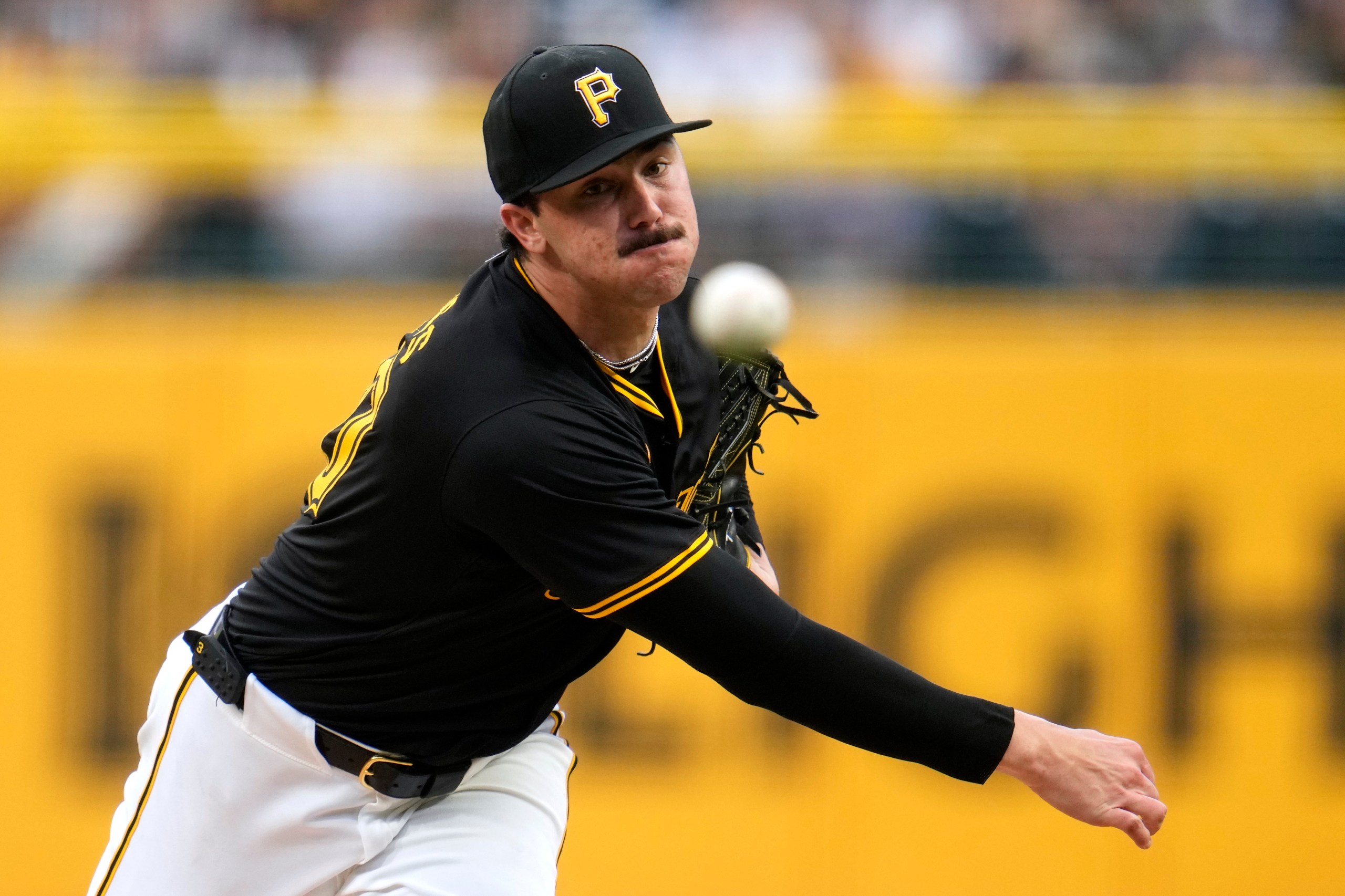 Pittsburgh Pirates starting pitcher Paul Skenes delivers to a Los Angeles Dodgers batter during the first inning of a baseball game in Pittsburgh, Wednesday, June 5, 2024. (AP Photo/Gene J. Puskar)