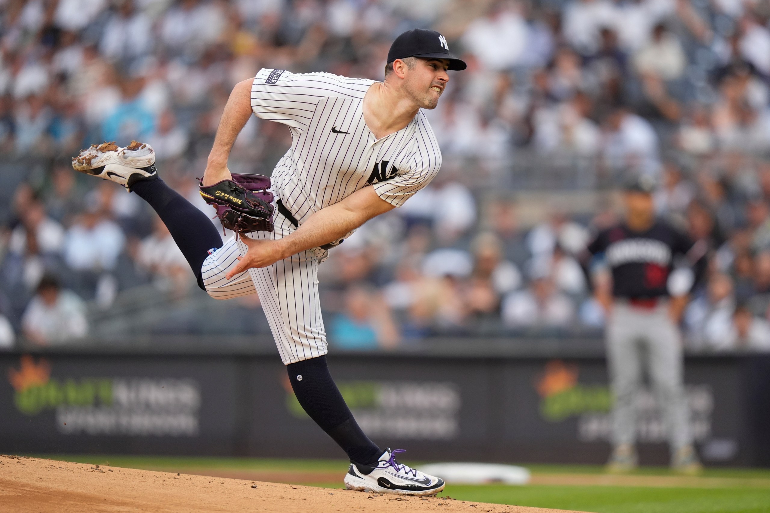 New York Yankees' Carlos Rodón watches a pitch to a Minnesota Twins batter during the first inning of a baseball game Wednesday, June 5, 2024, in New York. (AP Photo/Frank Franklin II)