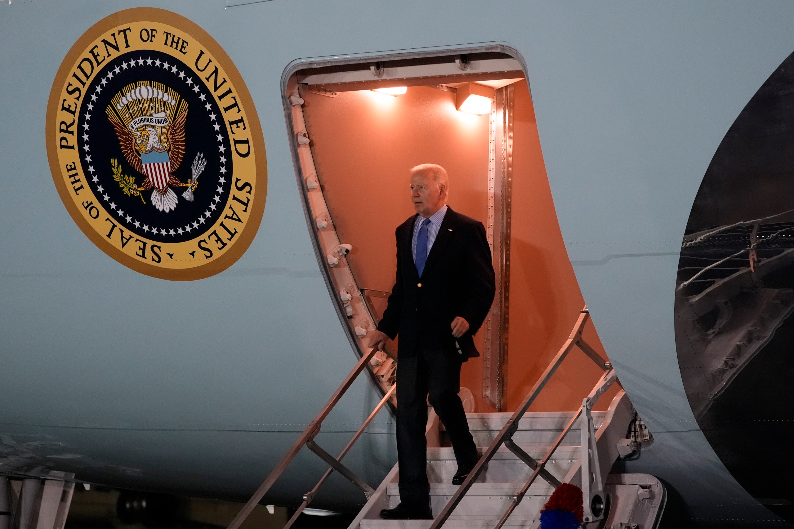 President Joe Biden arrives on Air Force One at Brindisi International Airport, Wednesday, June 12, 2024, in Brindisi, Italy. (AP Photo/Alex Brandon)