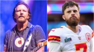 Photo shows Pearl Jam frontman Eddie Vedder on the left and Kansas Chiefs kicker Harrison Butker on the right