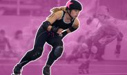 An edited image of a roller-derby competitor on top of a pink background.