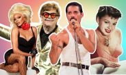 RuPaul, Elton John, Freddie Mercury, and Judy Garland against a rainbow background.