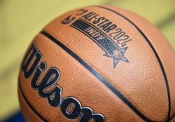 INDIANAPOLIS, UNITED STATES - FEBRUARY 15: 2024 Basketball ball is introduced besides the LED court and jerseys to be used for events at Lucas Oil Stadium which is introduced within the 2024 NBA All-Star Game weekend organization held in Indianapolis, United States on February 15, 2024. (Photo by Fatih Aktas/Anadolu via Getty Images)