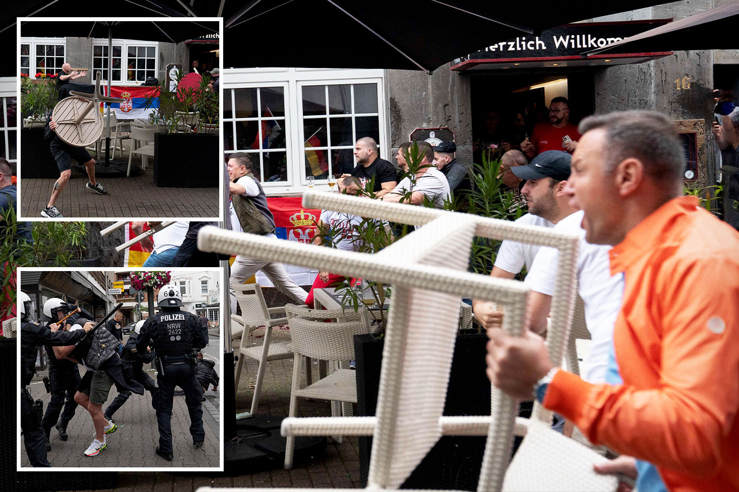 Moment England & Serbia fans launch chairs in clash ahead of Euros match